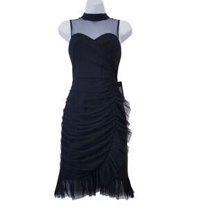 BEBE Black Ruched Illusion Neckline Ruffle Cocktail Dress Sleeveless Mock Neck